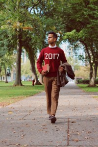 Parth Shingala wearing a red 2017 Hillflint sweater