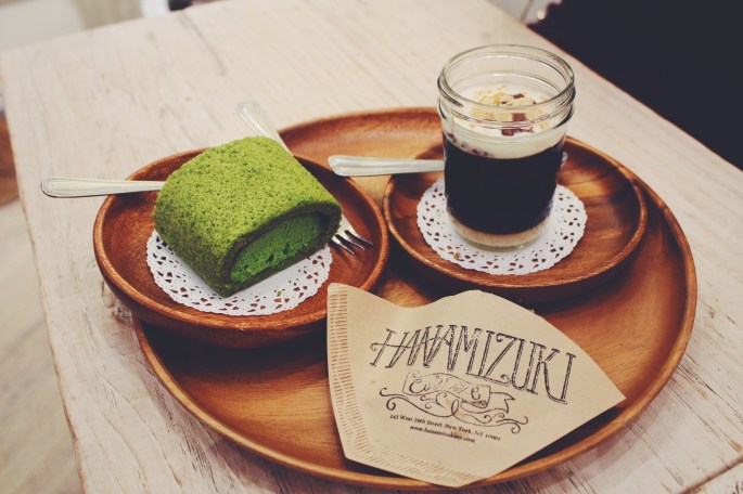 Matcha swiss roll cake | Coffee jelly with milk pudding and kinako | black sesame shortbread cookie