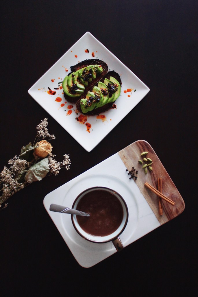 Spiced hot chocolate and avocado toast