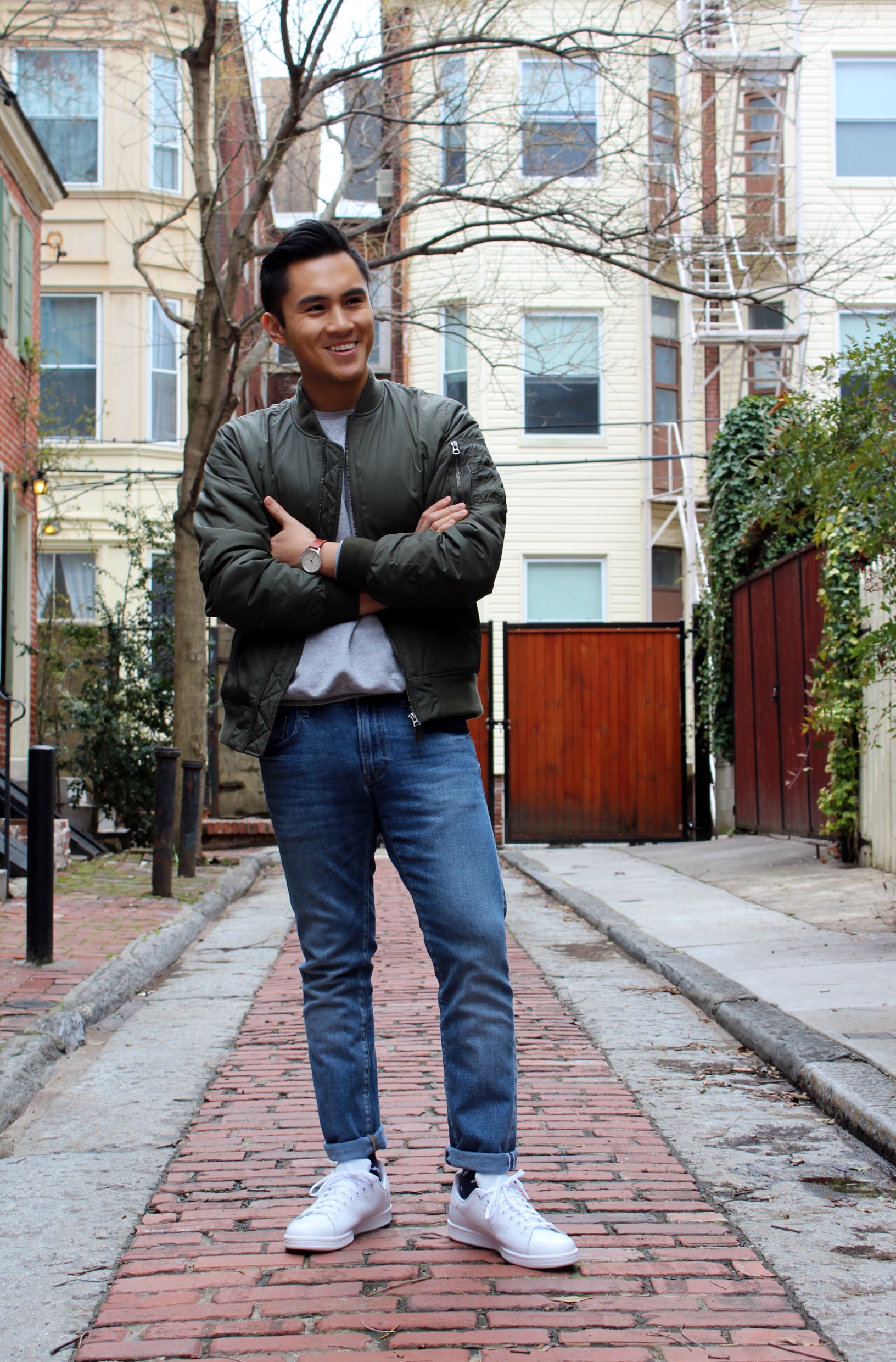 Olive green bomber jacket from Uniqlo with Timex Waterbury Watch