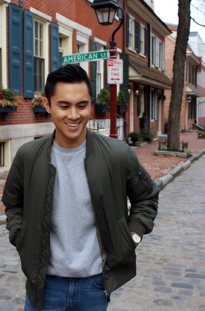 Olive green bomber jacket from Uniqlo